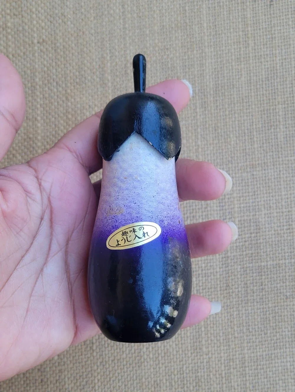 Vintage Japanese Wooden Eggplant Toothpick Container/Holder & Folk Collectible
